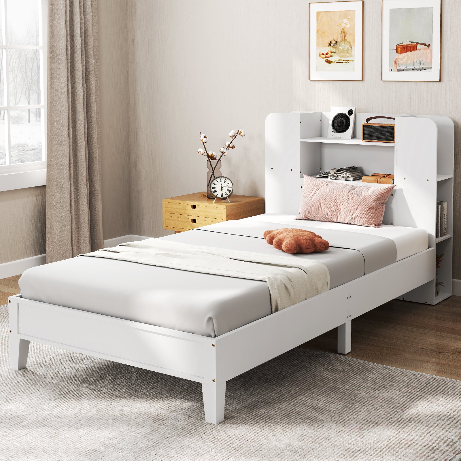 Twin Size Wooden Platform Bed Frame with Bookcase Headboard-White - White
