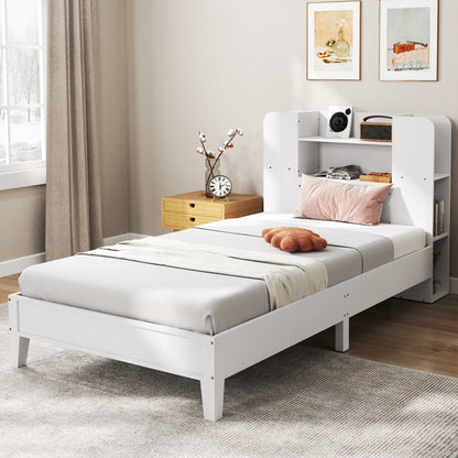Twin Size Wooden Platform Bed Frame with Bookcase Headboard-White - White