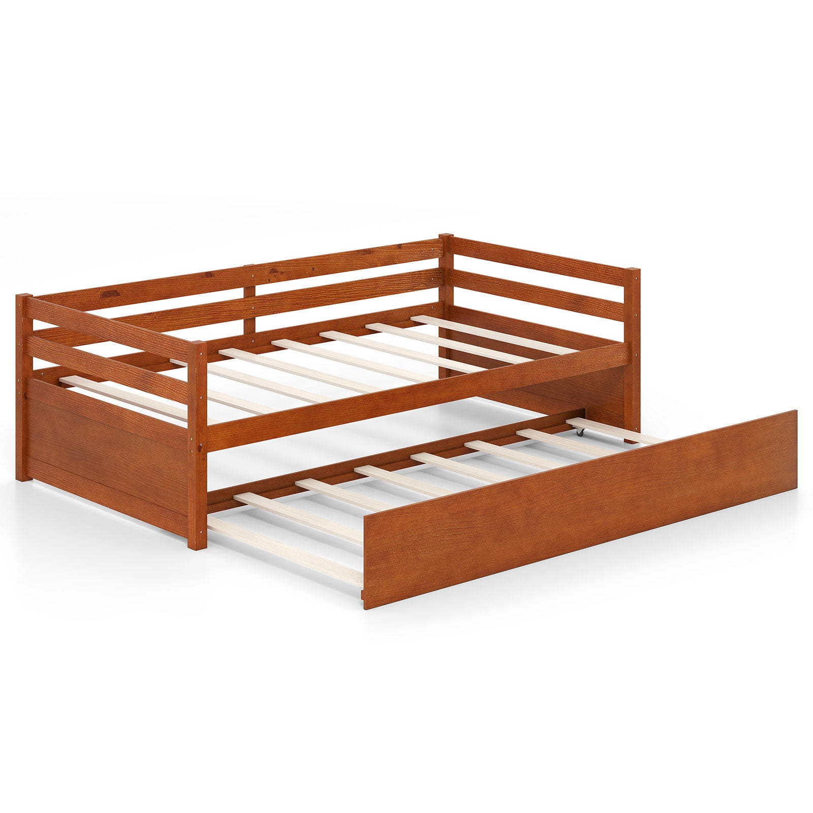 Twin Size Trundle Platform Bed Frame with Wooden Slat Support-Gray - Walnut