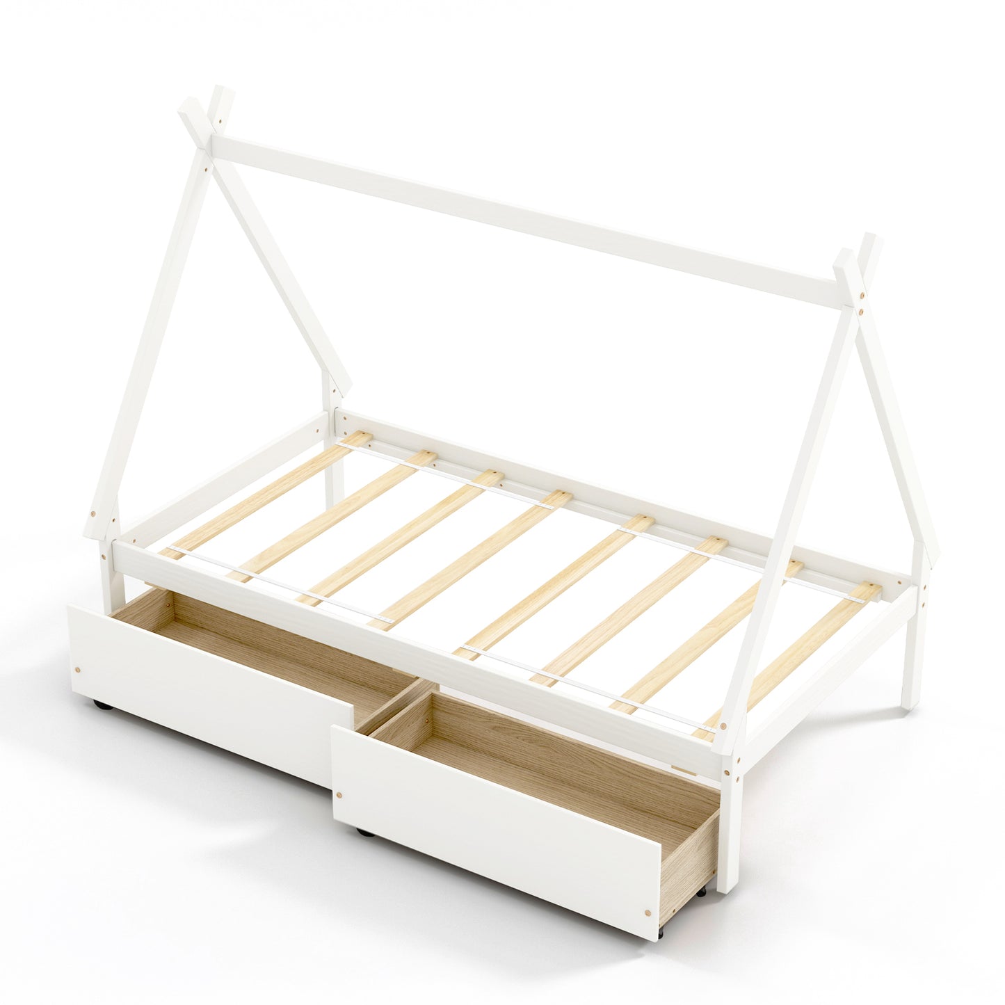 Twin Size Wooden Tent Platform House Bed with 2 Drawers-White - White