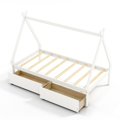 Twin Size Wooden Tent Platform House Bed with 2 Drawers-White - White