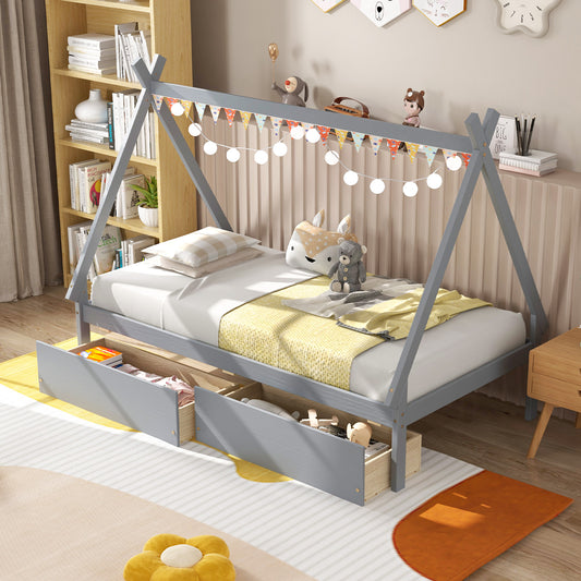 Twin Size Wooden Tent Platform House Bed with 2 Drawers