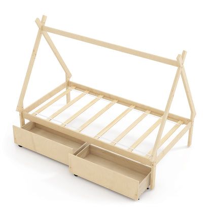 Twin Size Wooden Tent Platform House Bed with 2 Drawers-White - Natural