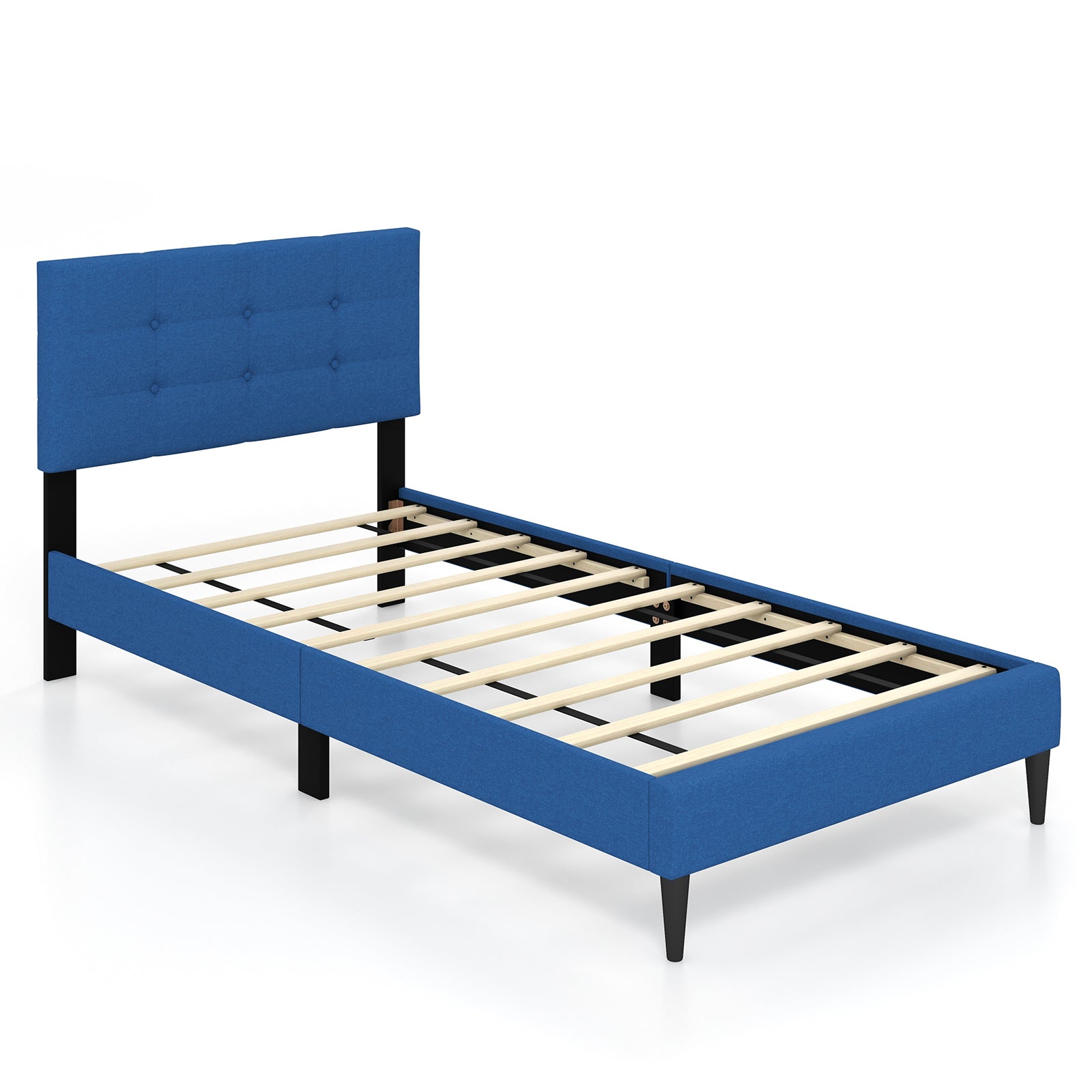 Twin Size Upholstered Platform Bed with Button Tufted Headboard-Blue - Blue