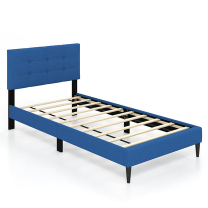 Twin Size Upholstered Platform Bed with Button Tufted Headboard-Blue - Blue