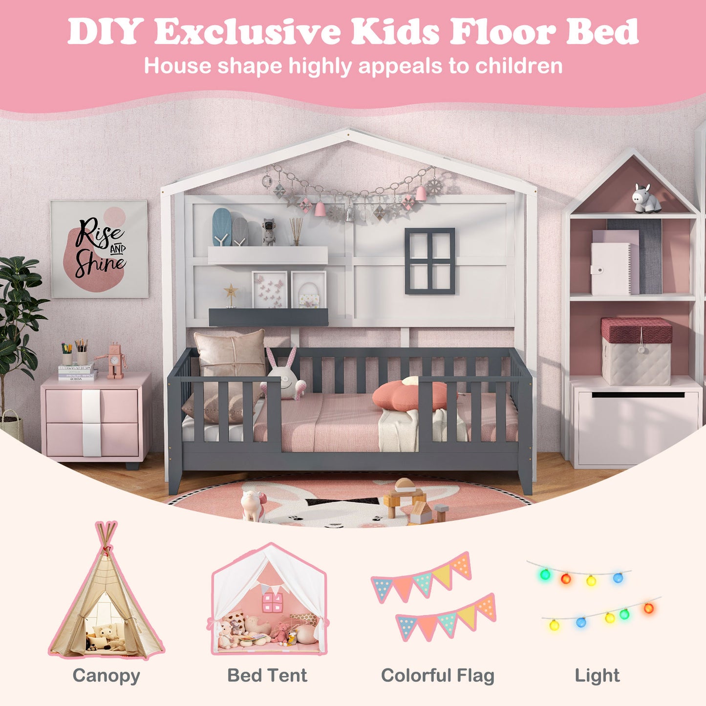 Twin Wood House Bed Montessori Floor Bed with 2 Shelves and Guardrails-Gray & White