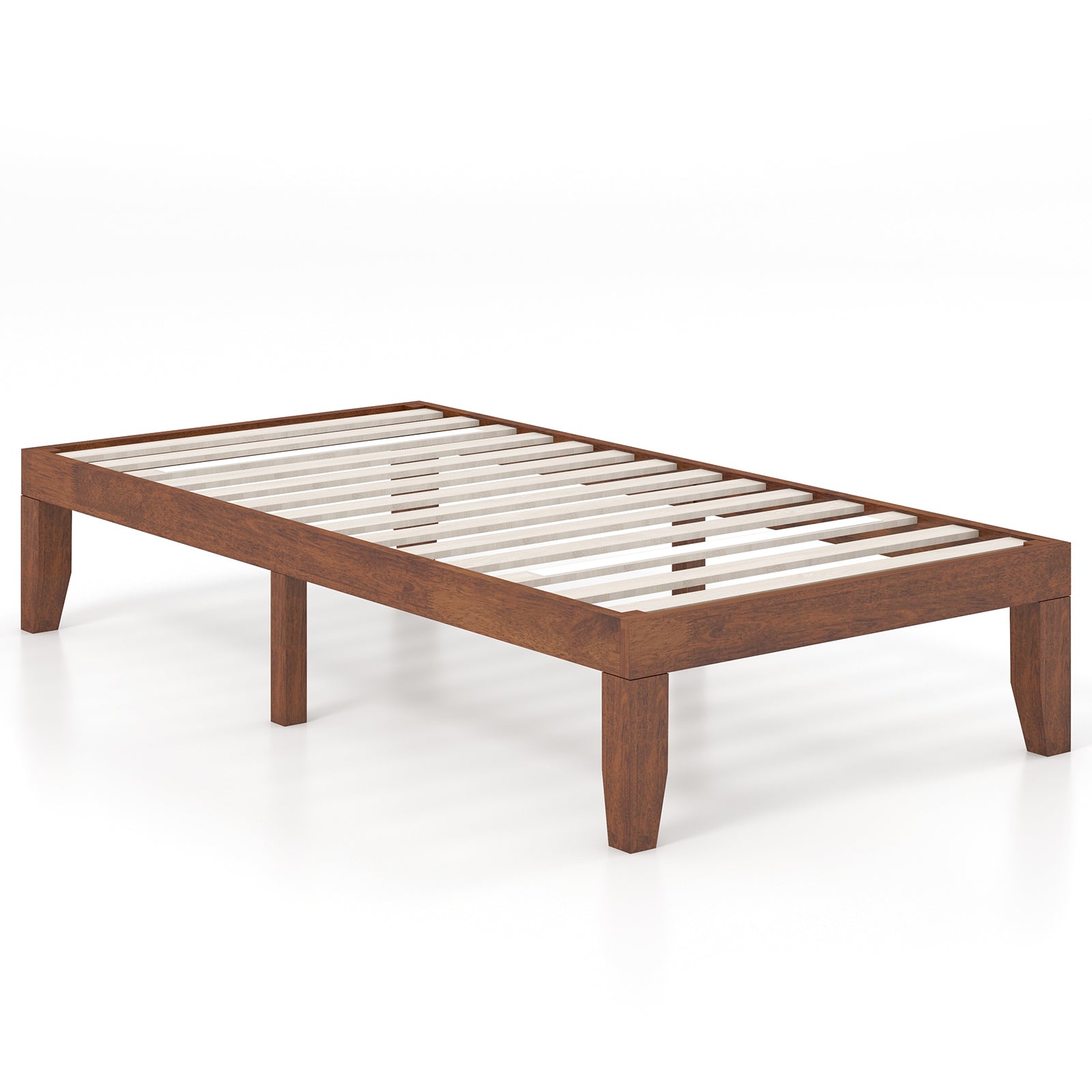 Twin Size 14 Inch Wooden Slats Bed Mattress Frame-Brown - Walnut