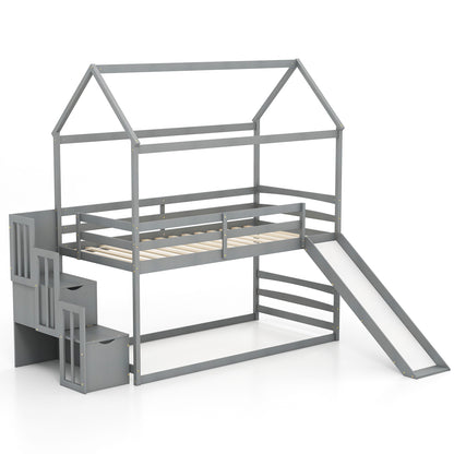 Twin over Twin Bunk Bed with Slide and 2-Step Storage Staircase-Gray - Gray