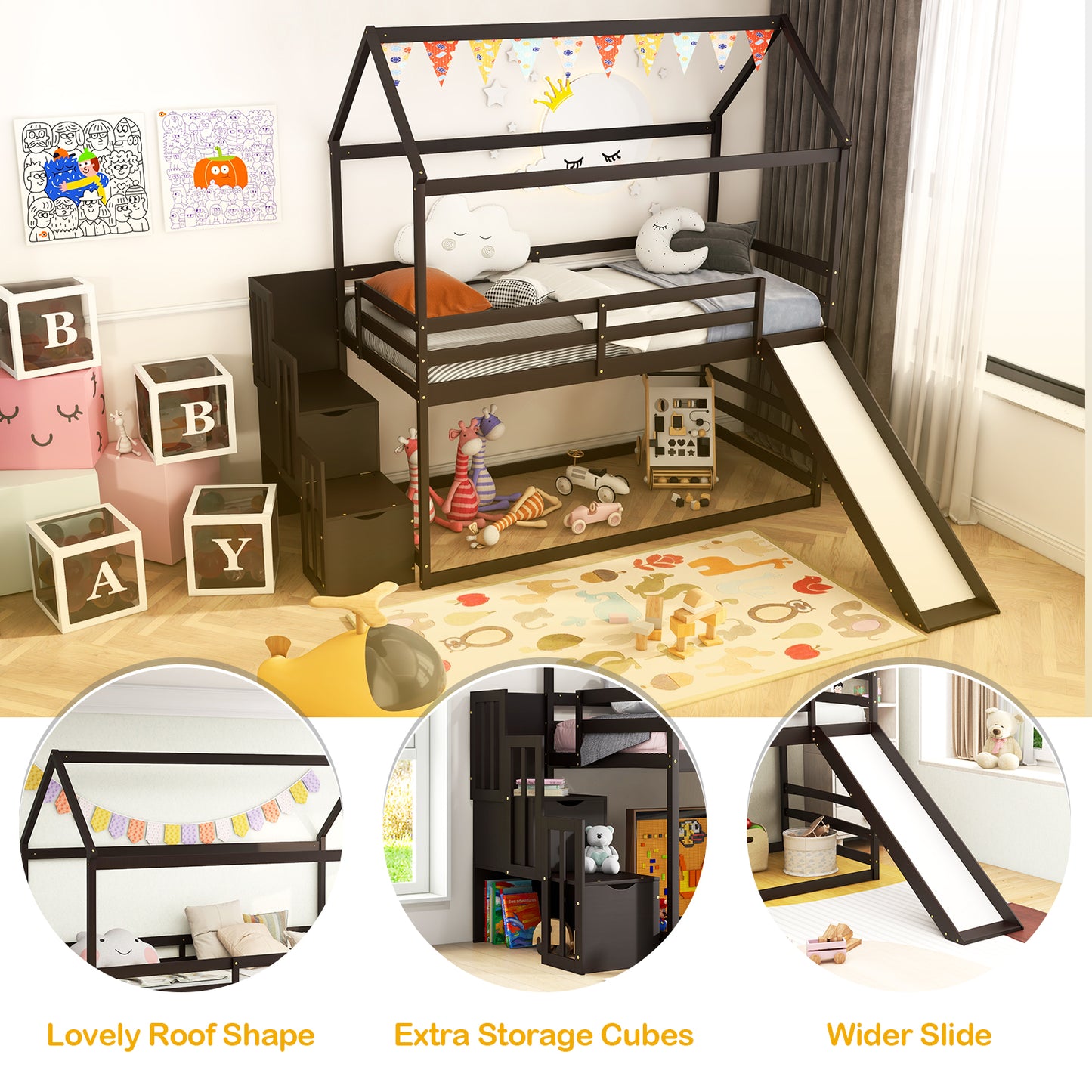 Twin over Twin Bunk Bed with Slide and 2-Step Storage Staircase