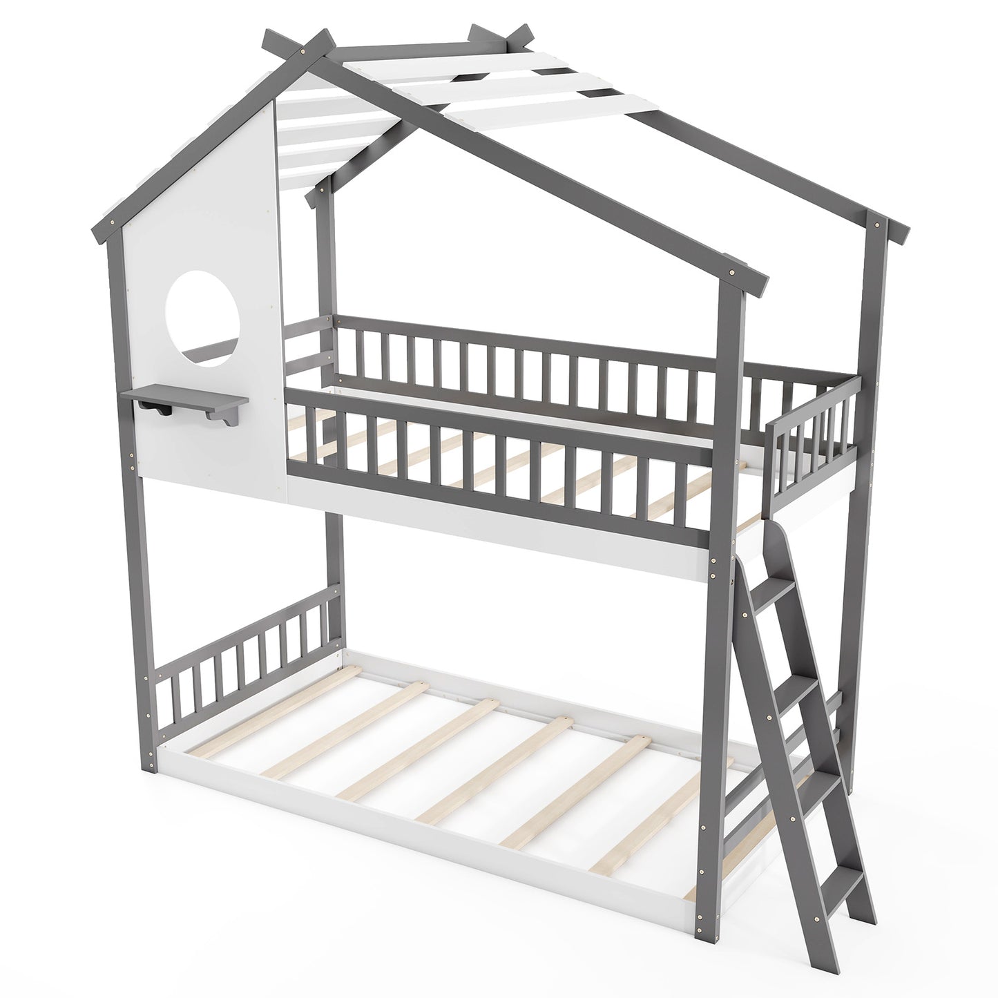 Twin over Twin House Bunk Bed with Roof and Guardrails for Kids-White & Gray