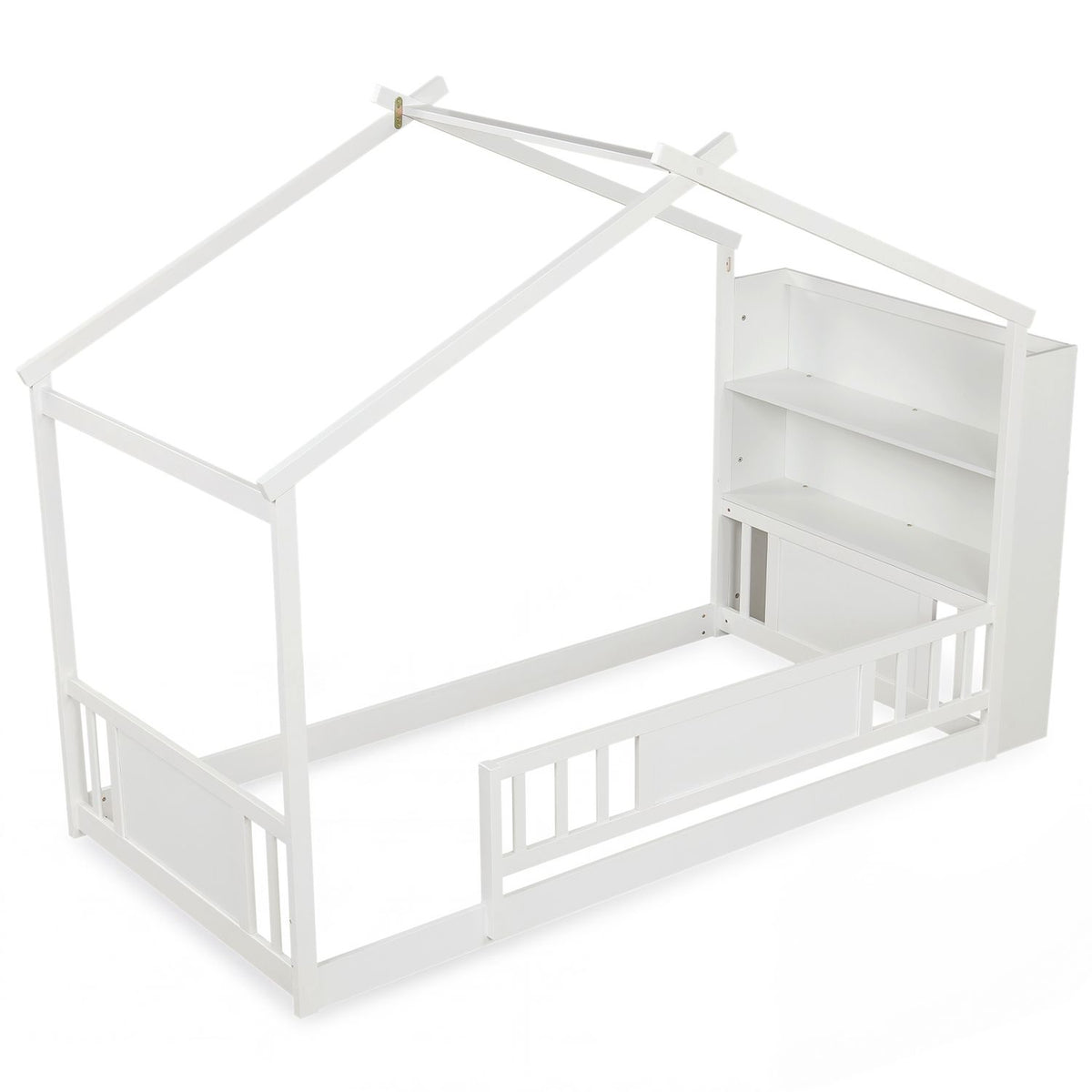 Twin size Montessori House Bed with Storage Bookshelf and Roof Safety Guardrail for Bedroom