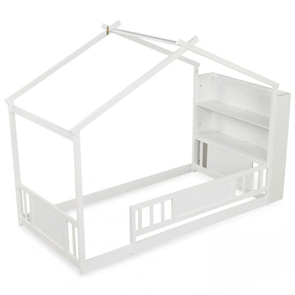 Twin size Montessori House Bed with Storage Bookshelf and Roof Safety Guardrail for Bedroom
