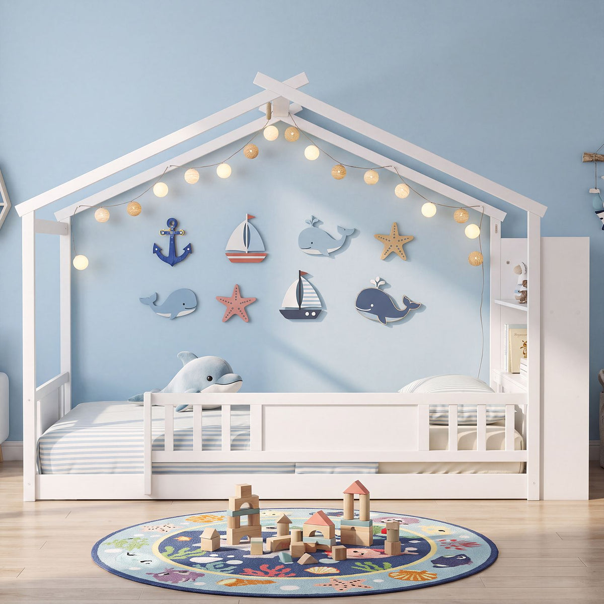 Twin size Montessori House Bed with Storage Bookshelf and Roof Safety Guardrail for Bedroom