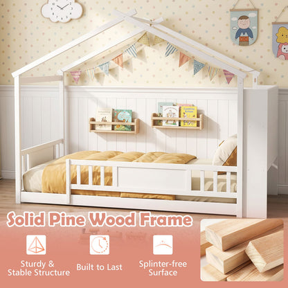 Twin size Montessori House Bed with Storage Bookshelf and Roof Safety Guardrail for Bedroom