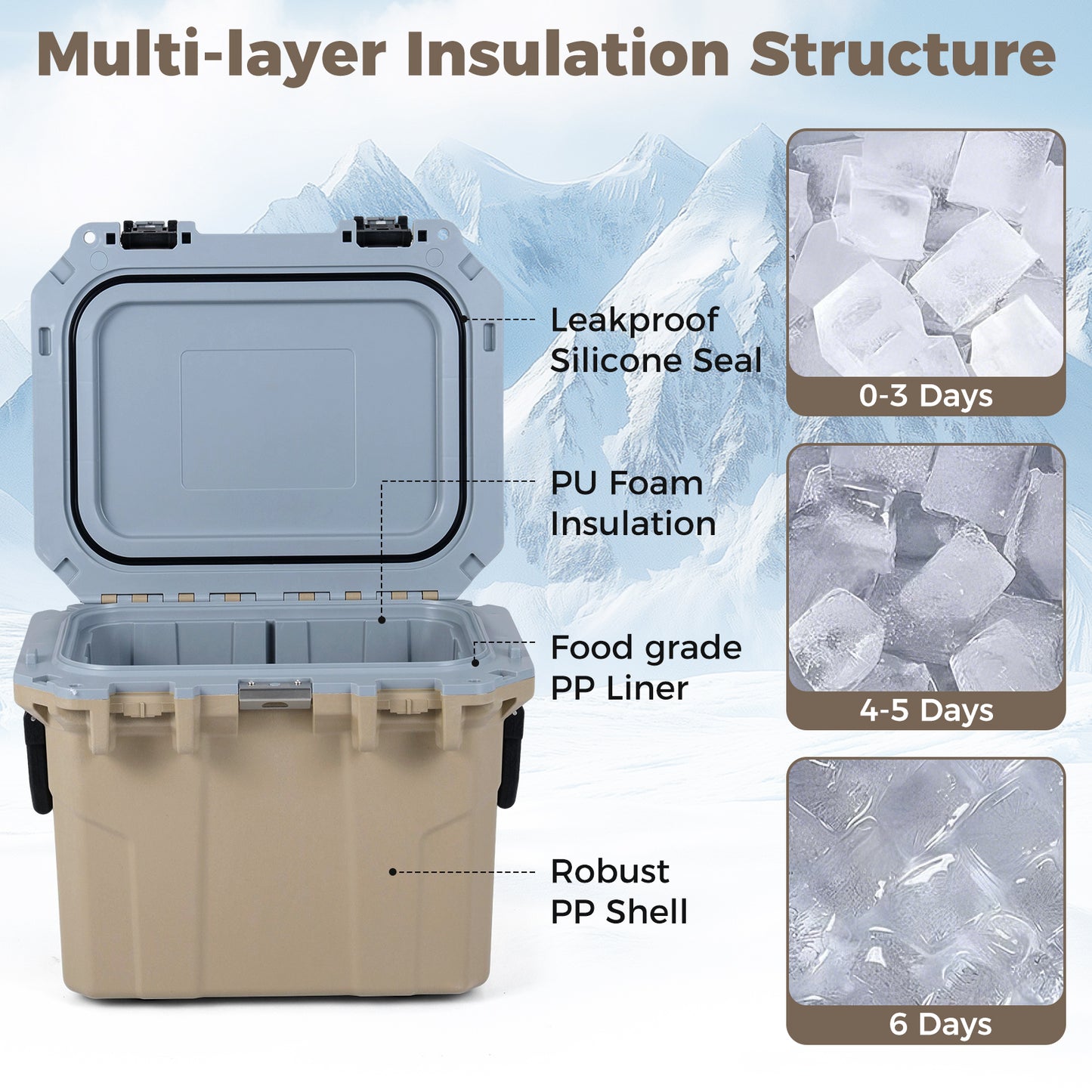 Ultra-Light Injection Molded Cooler 53 QT Hard Ice Chest-Coffee