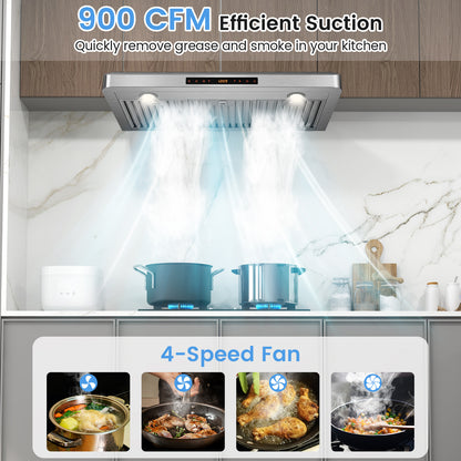 35.5/29.5 Inch Under Cabinet Range Hood 900 CFM Kitchen Vent with 4 Fan Speed-35.5 Inch