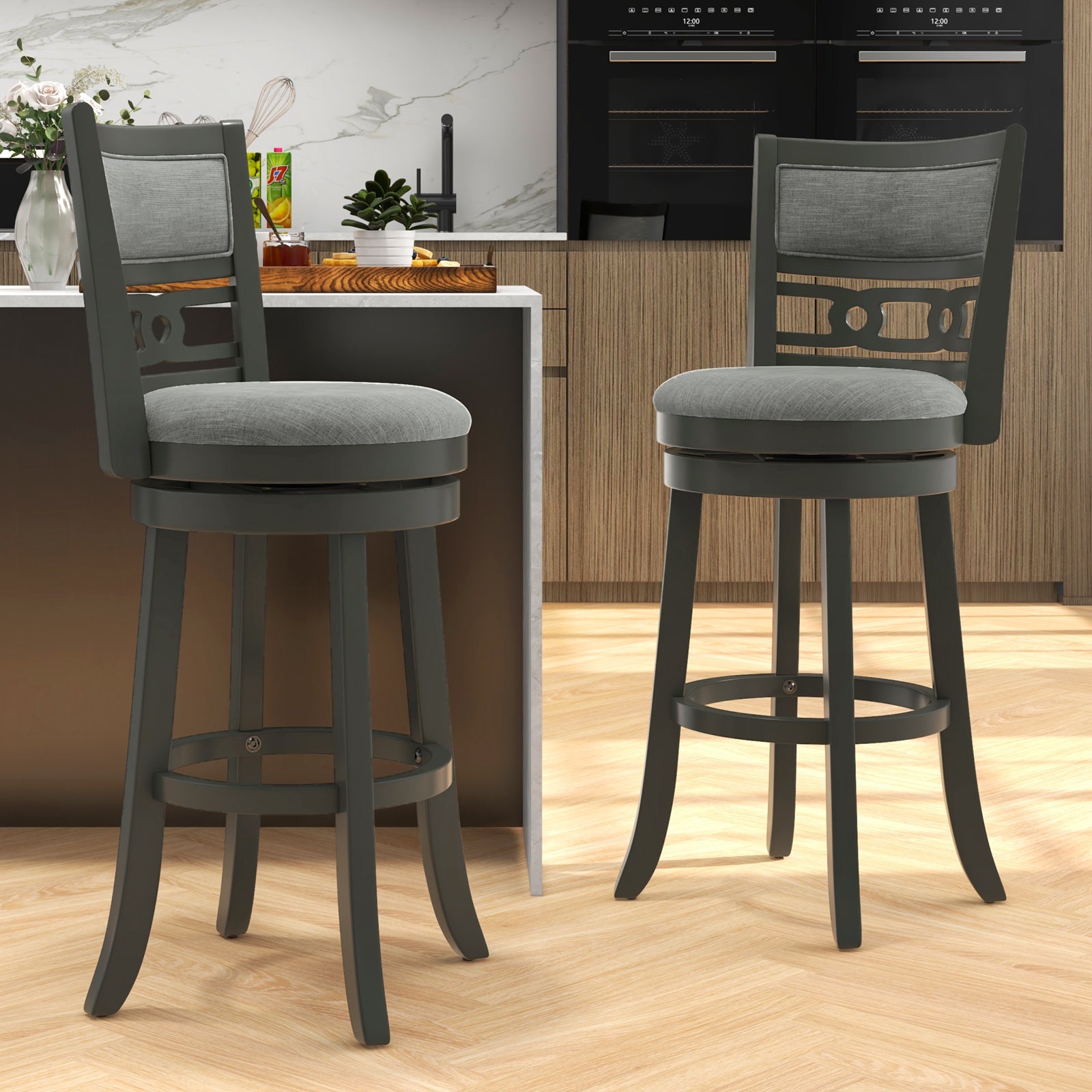 30.5" Bar Height Bar Chair with Wooden Frame Swivel Seat and Footrest for Pub Bar Restaurant-2 Pieces