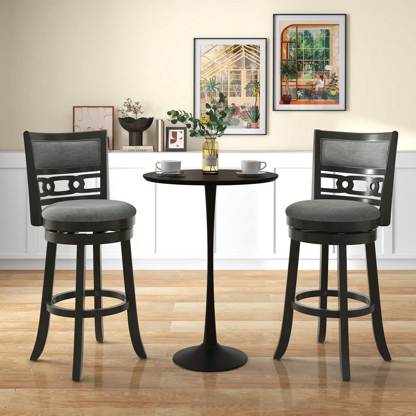 30.5" Bar Height Bar Chair with Wooden Frame Swivel Seat and Footrest for Pub Bar Restaurant-2 Pieces