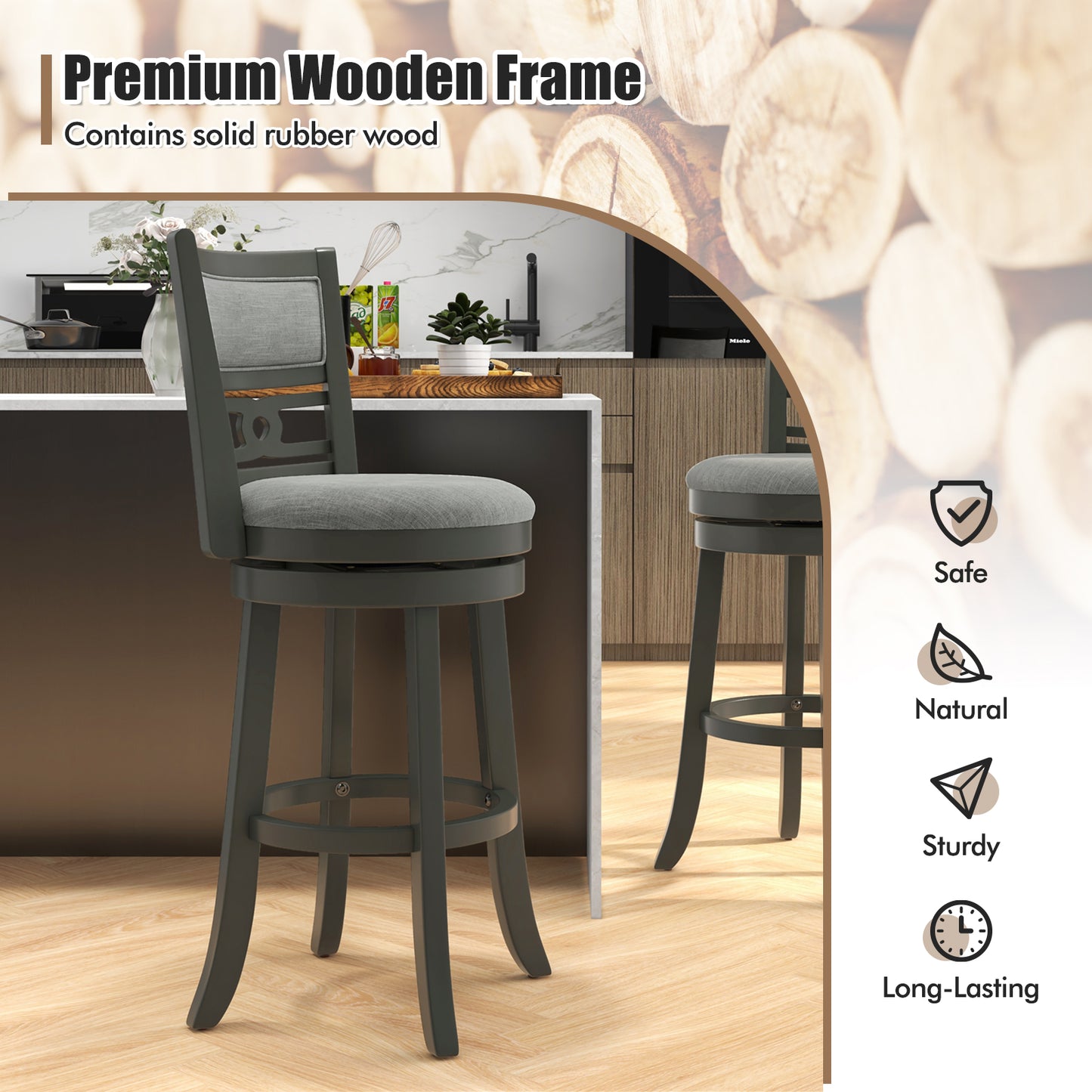 30.5" Bar Height Bar Chair with Wooden Frame Swivel Seat and Footrest for Pub Bar Restaurant-2 Pieces