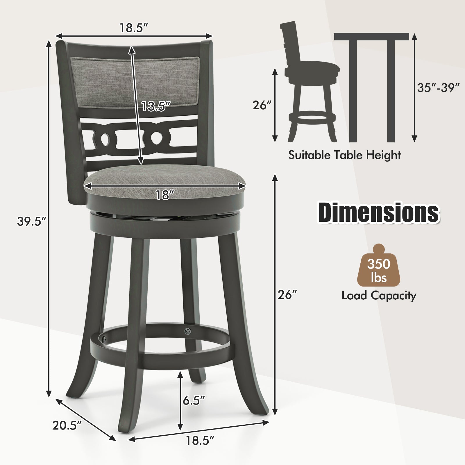 26" Counter Height Bar Chair with Wooden Frame Swivel Seat and Footrest for Pub Bar Restaurant-1 Pack