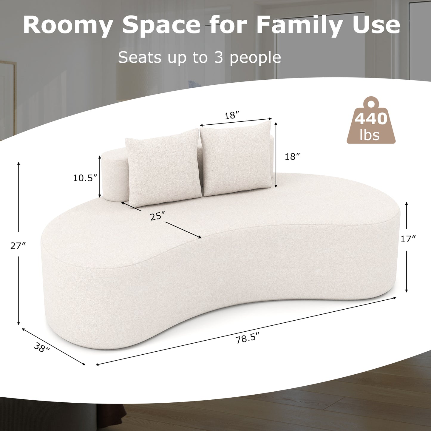 Upholstered Curved Sofa with 2 Cozy Pillows-Beige