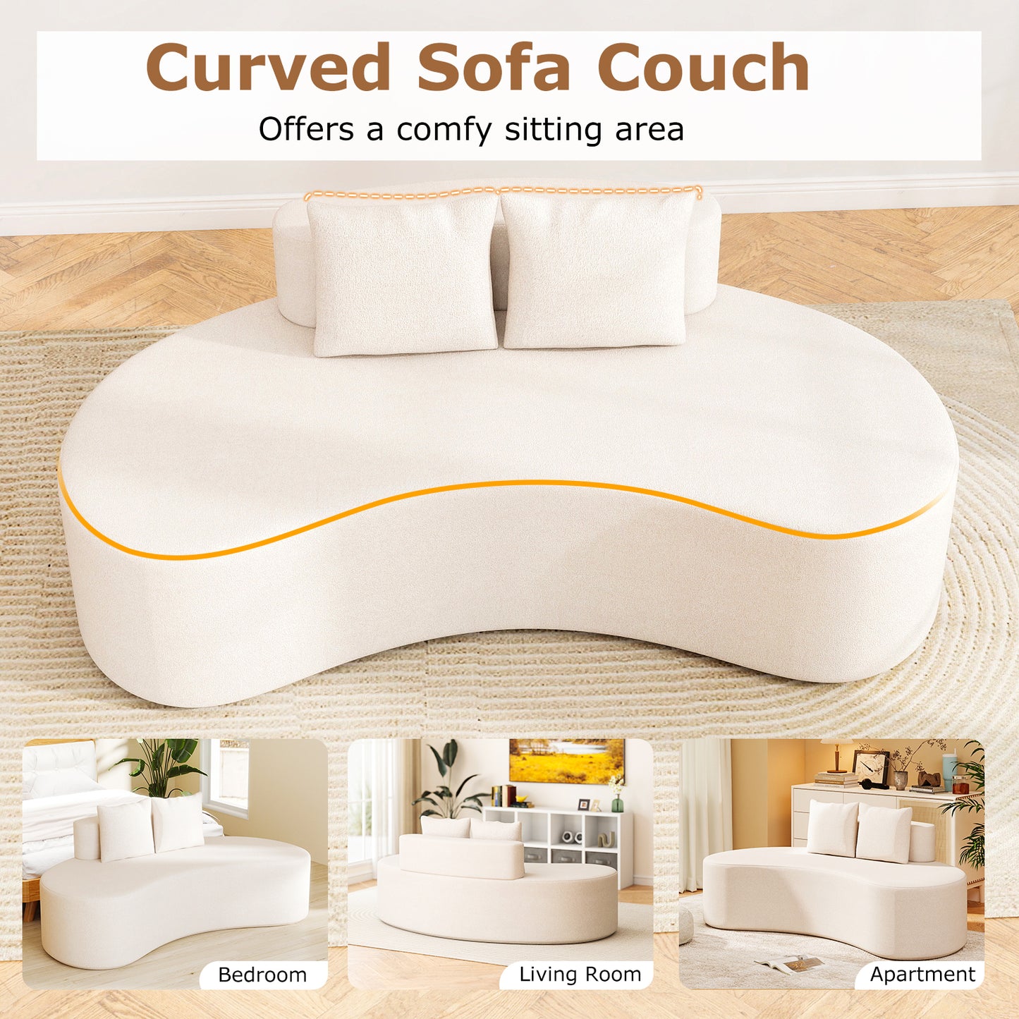 Upholstered Curved Sofa with 2 Cozy Pillows-Beige