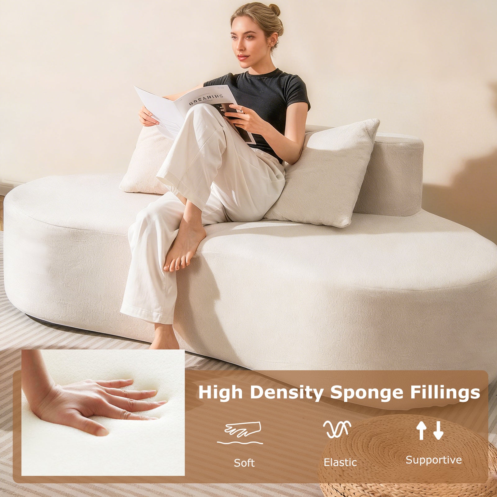 Upholstered Curved Sofa with 2 Cozy Pillows-Beige