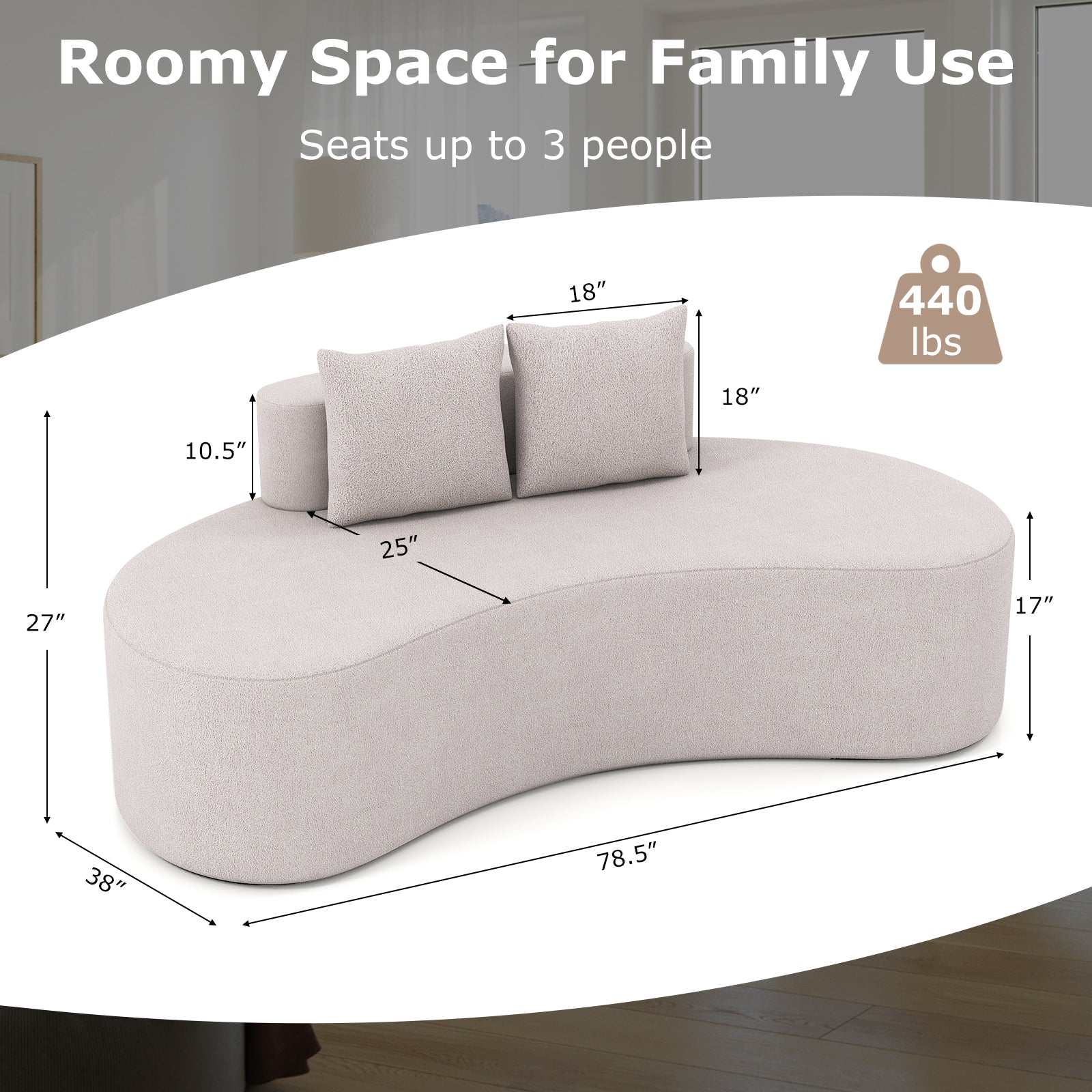 Upholstered Curved Sofa with 2 Cozy Pillows-Gray