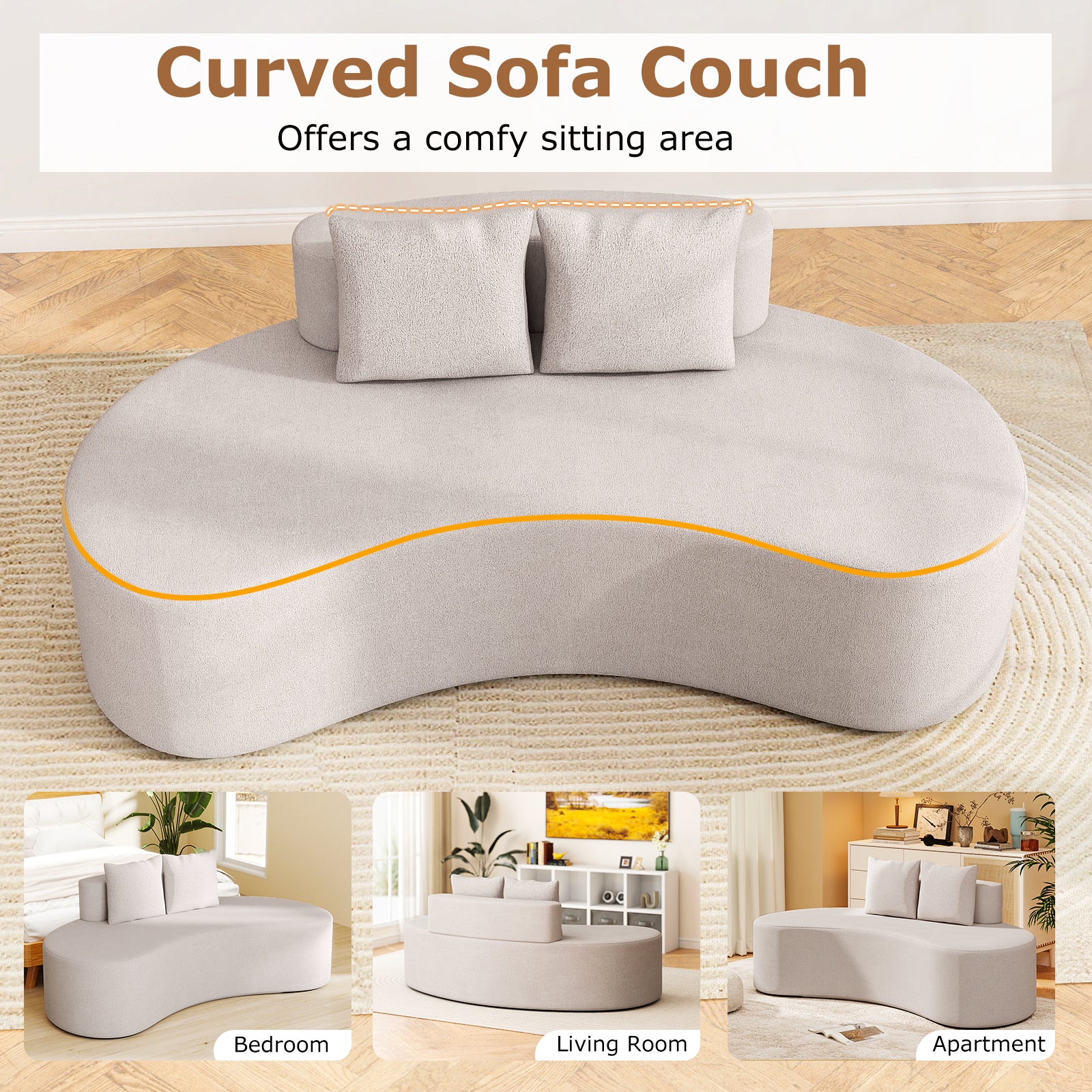 Upholstered Curved Sofa with 2 Cozy Pillows-Gray