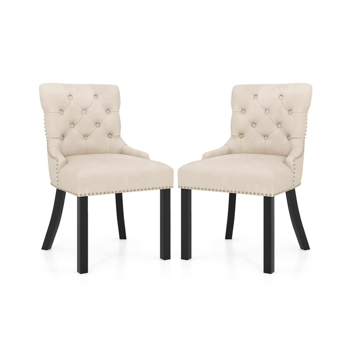 Upholstered Dining Chairs Set of 2 Tufted Wingback Chairs with Rubber Wood Legs-Beige