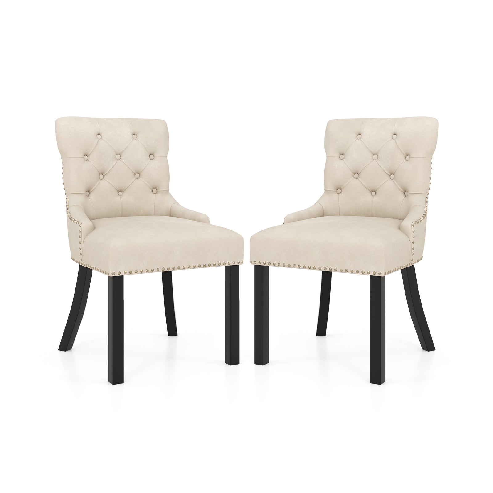 Upholstered Dining Chairs Set of 2 Tufted Wingback Chairs with Rubber Wood Legs-Beige