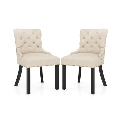 Upholstered Dining Chairs Set of 2 Tufted Wingback Chairs with Rubber Wood Legs-Beige