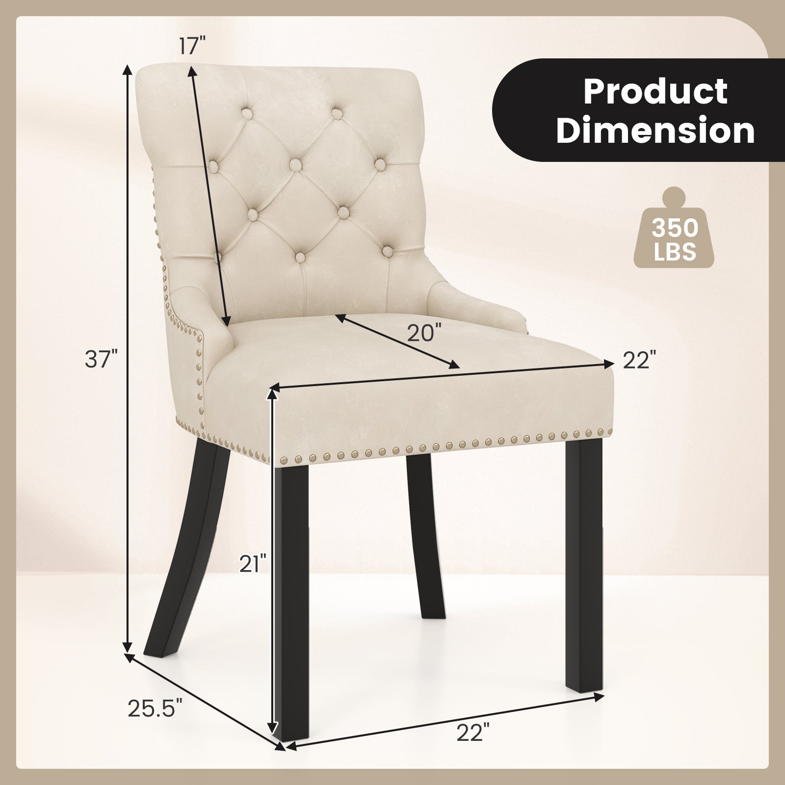 Upholstered Dining Chairs Set of 2 Tufted Wingback Chairs with Rubber Wood Legs-Beige