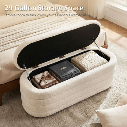 Upholstered Fabric Storage Ottoman Bench for End of Bed with 2 Struts-White