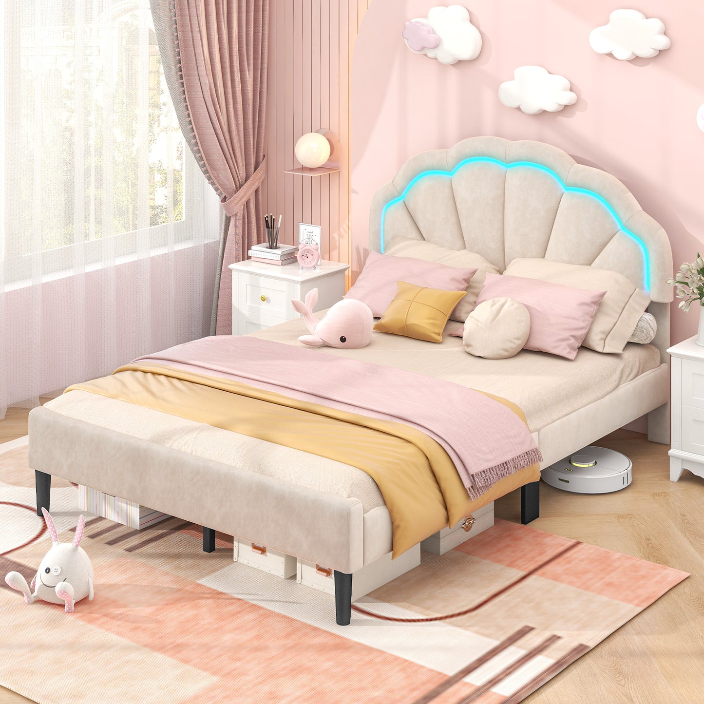 Upholstered LED Bed Frame with Adjustable Flower Headboard and Metal Support Feet-Full Size