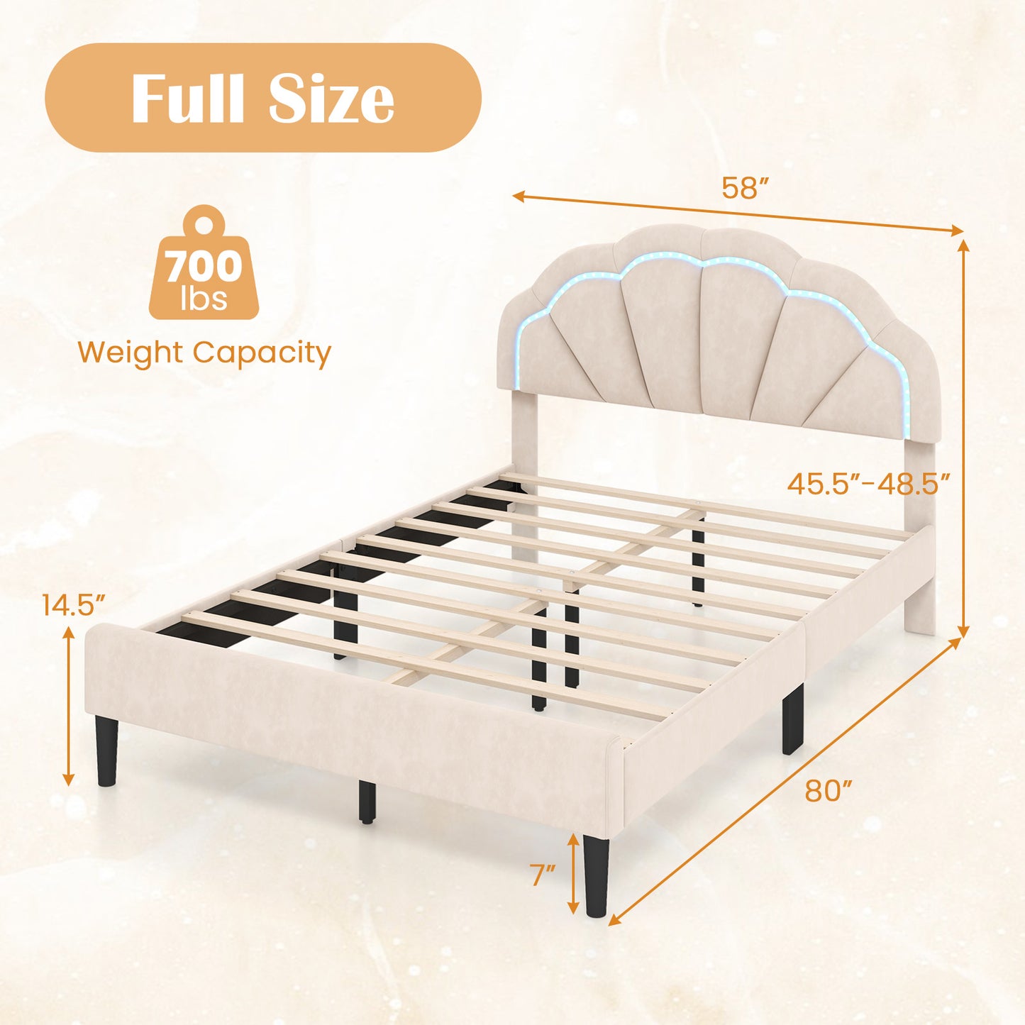 Upholstered LED Bed Frame with Adjustable Flower Headboard and Metal Support Feet-Full Size
