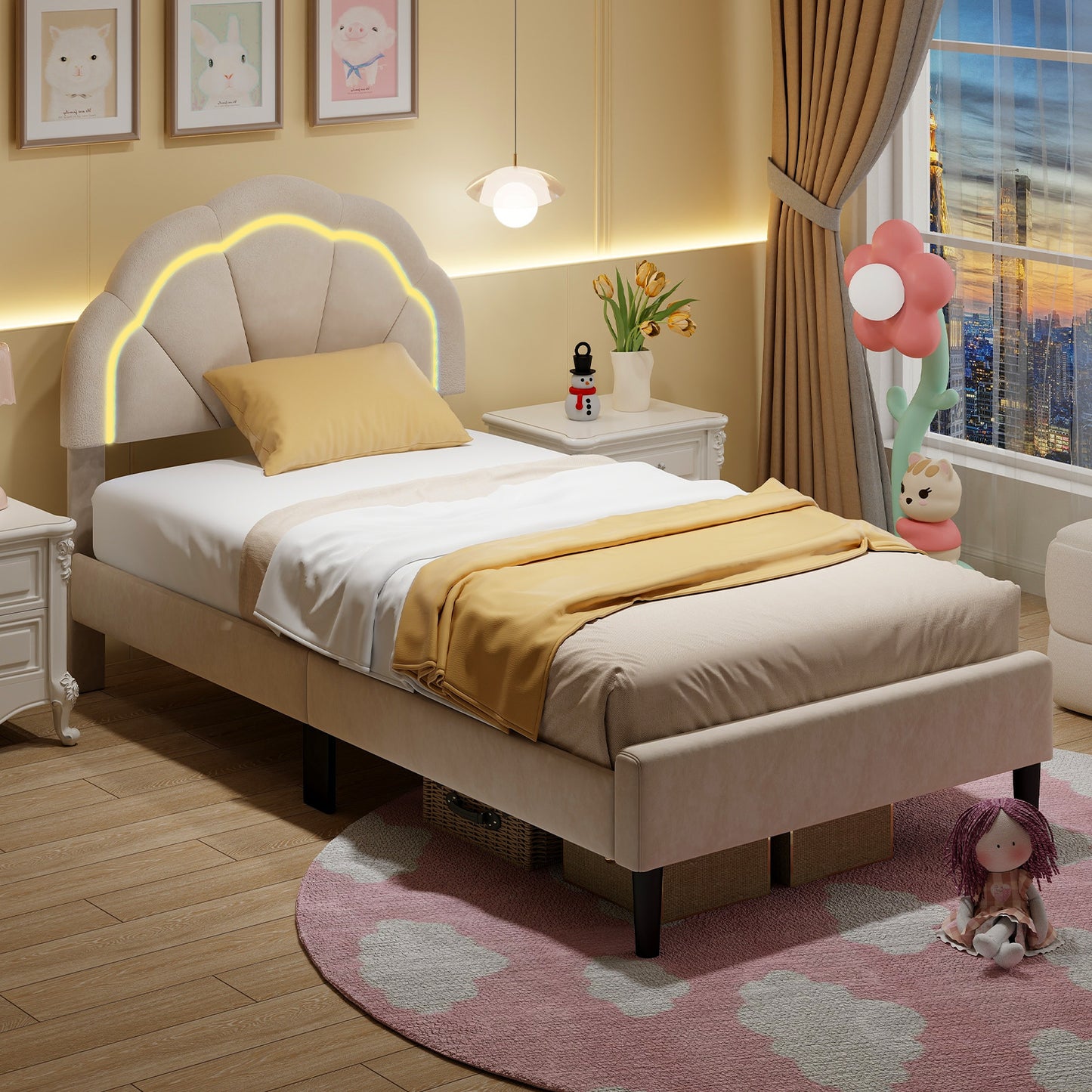Upholstered LED Bed Frame with Adjustable Flower Headboard and Metal Support Feet-Twin Size