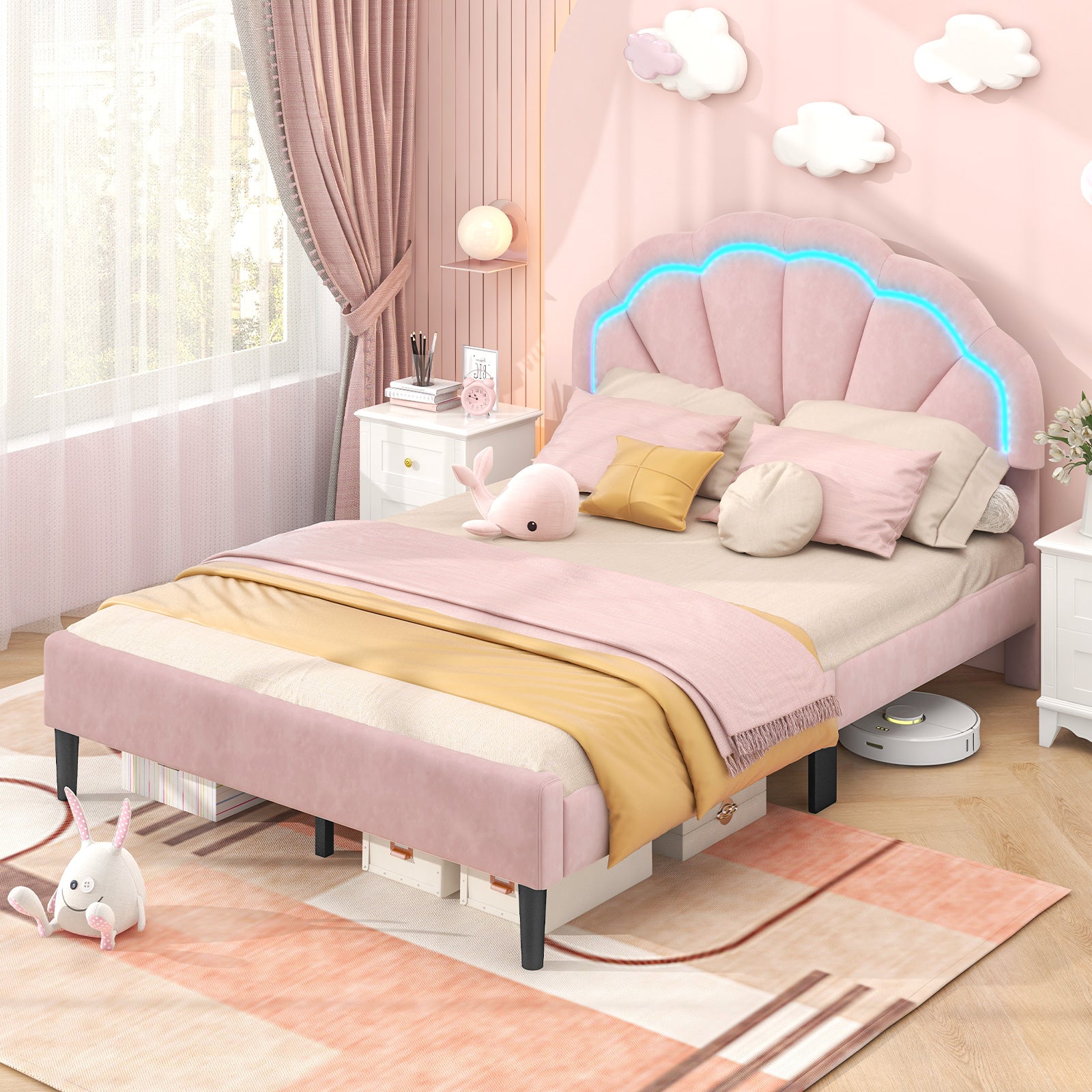 Upholstered LED Bed Frame with Adjustable Flower Headboard and Metal Support Feet Pink-Full Size