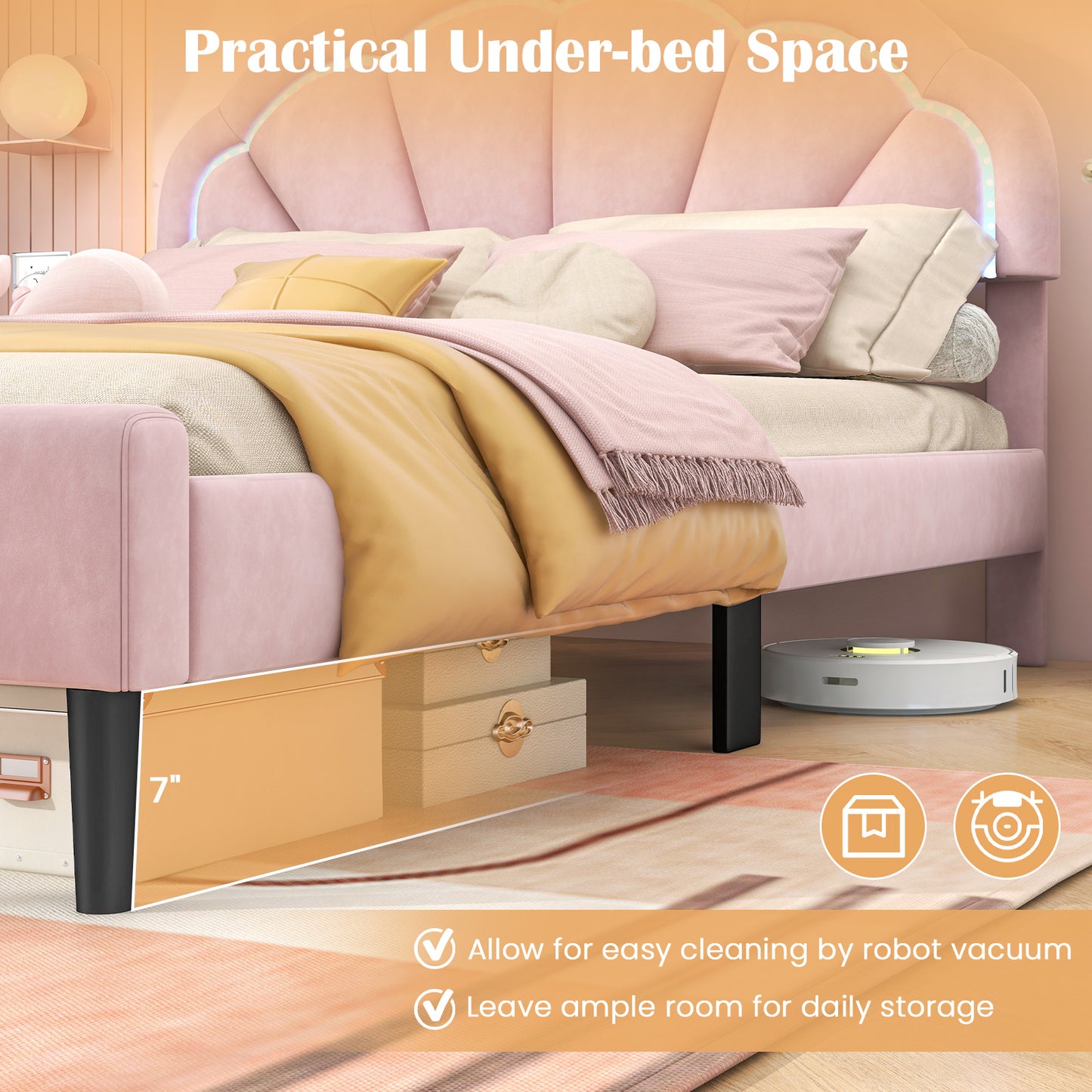 Upholstered LED Bed Frame with Adjustable Flower Headboard and Metal Support Feet Pink-Full Size