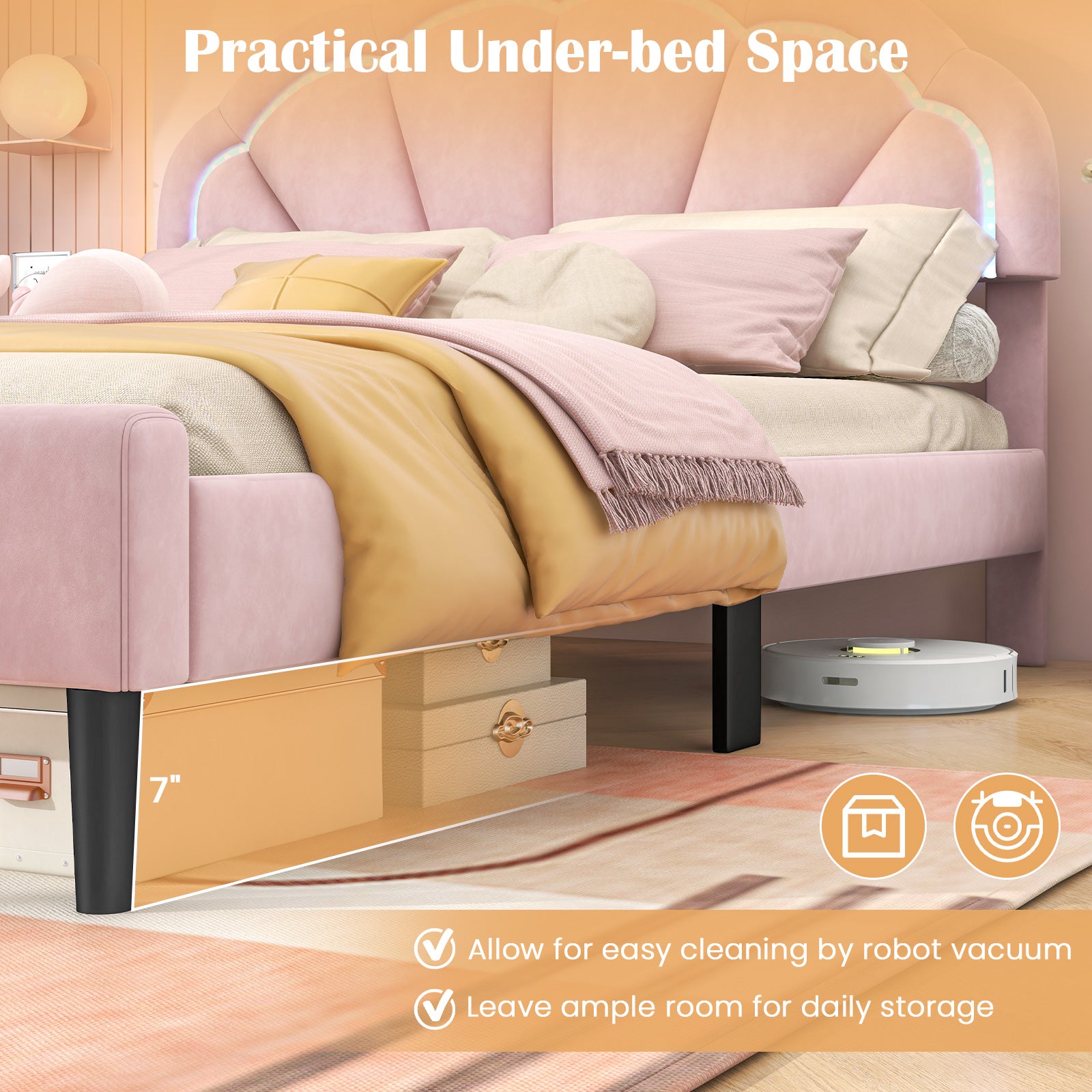 Upholstered LED Bed Frame with Adjustable Flower Headboard and Metal Support Feet Pink-Full Size