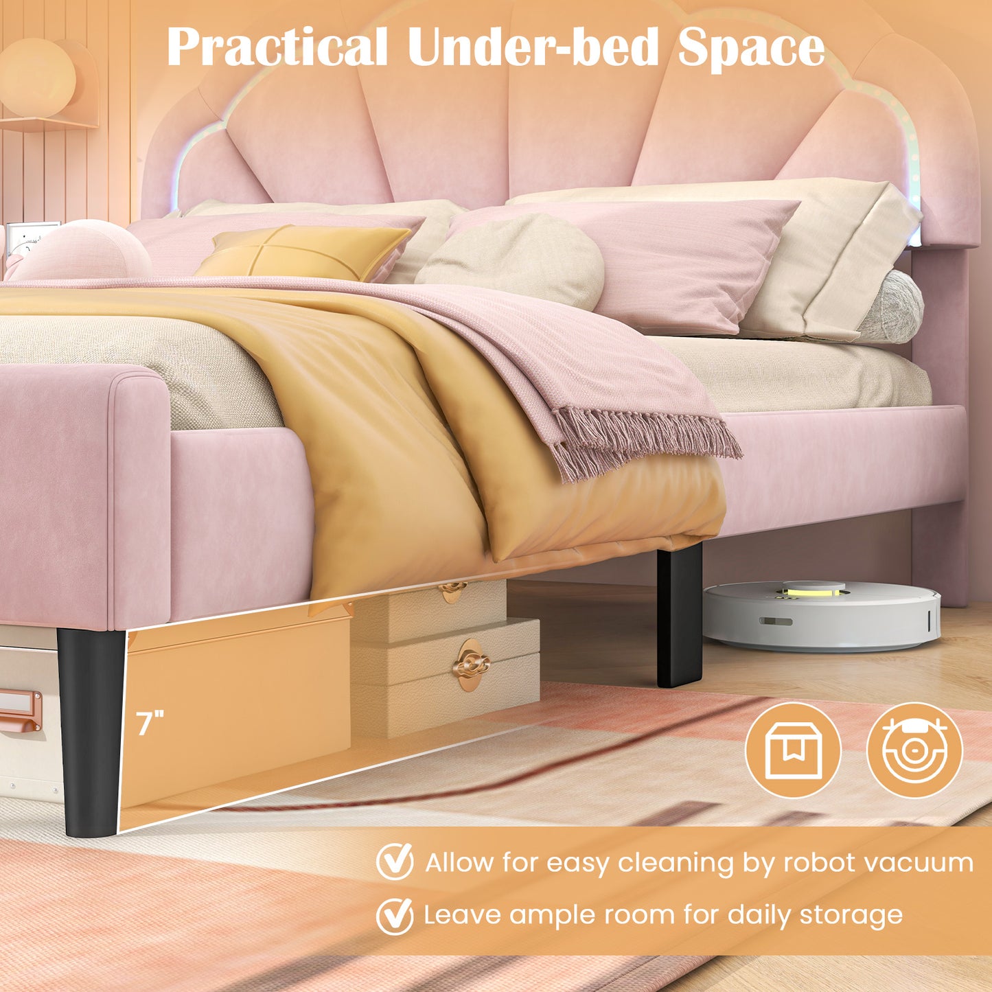 Upholstered LED Bed Frame with Adjustable Flower Headboard and Metal Support Feet Pink-Queen Size