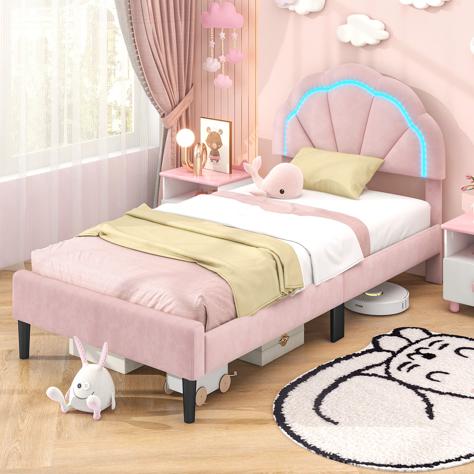 Upholstered LED Bed Frame with Adjustable Flower Headboard and Metal Support Feet Pink-Twin Size