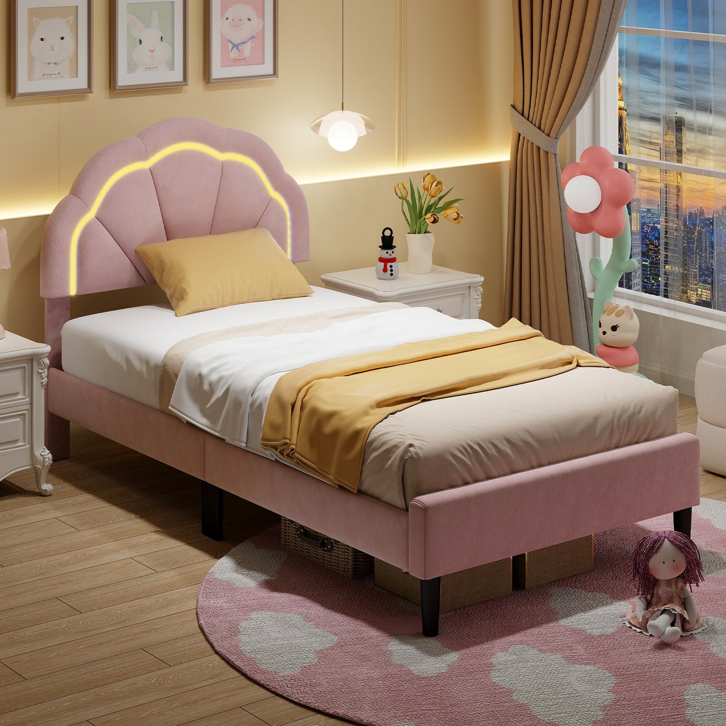 Upholstered LED Bed Frame with Adjustable Flower Headboard and Metal Support Feet Pink-Twin Size