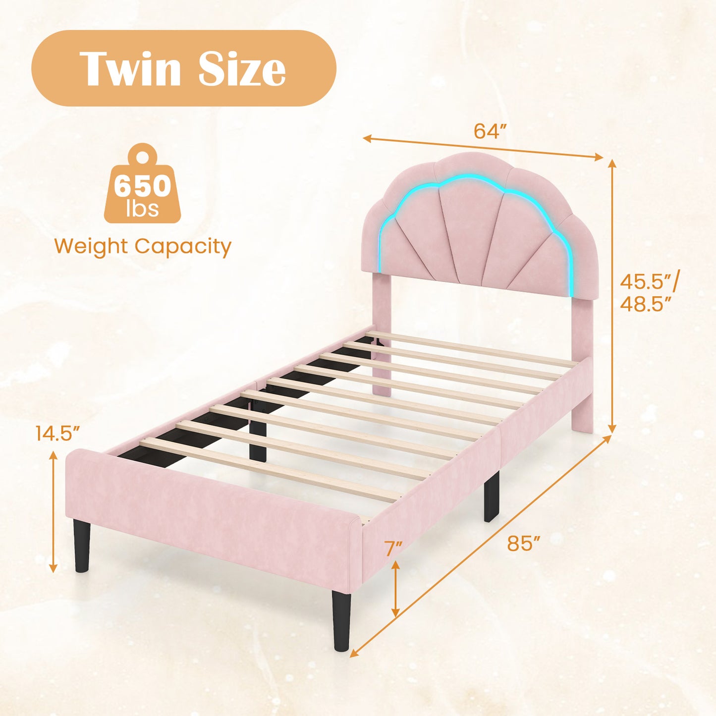 Upholstered LED Bed Frame with Adjustable Flower Headboard and Metal Support Feet Pink-Twin Size