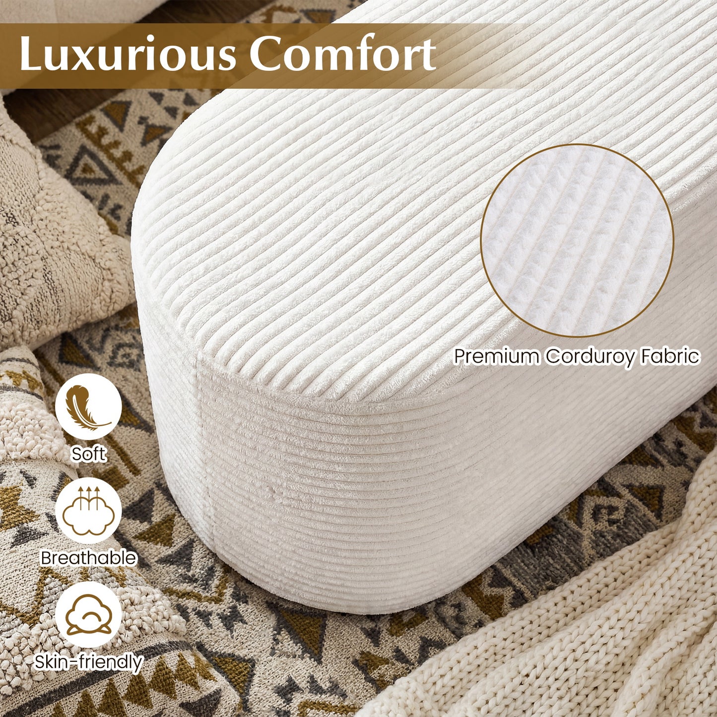Upholstered Ottoman Bench with High-Density Sponge-Beige