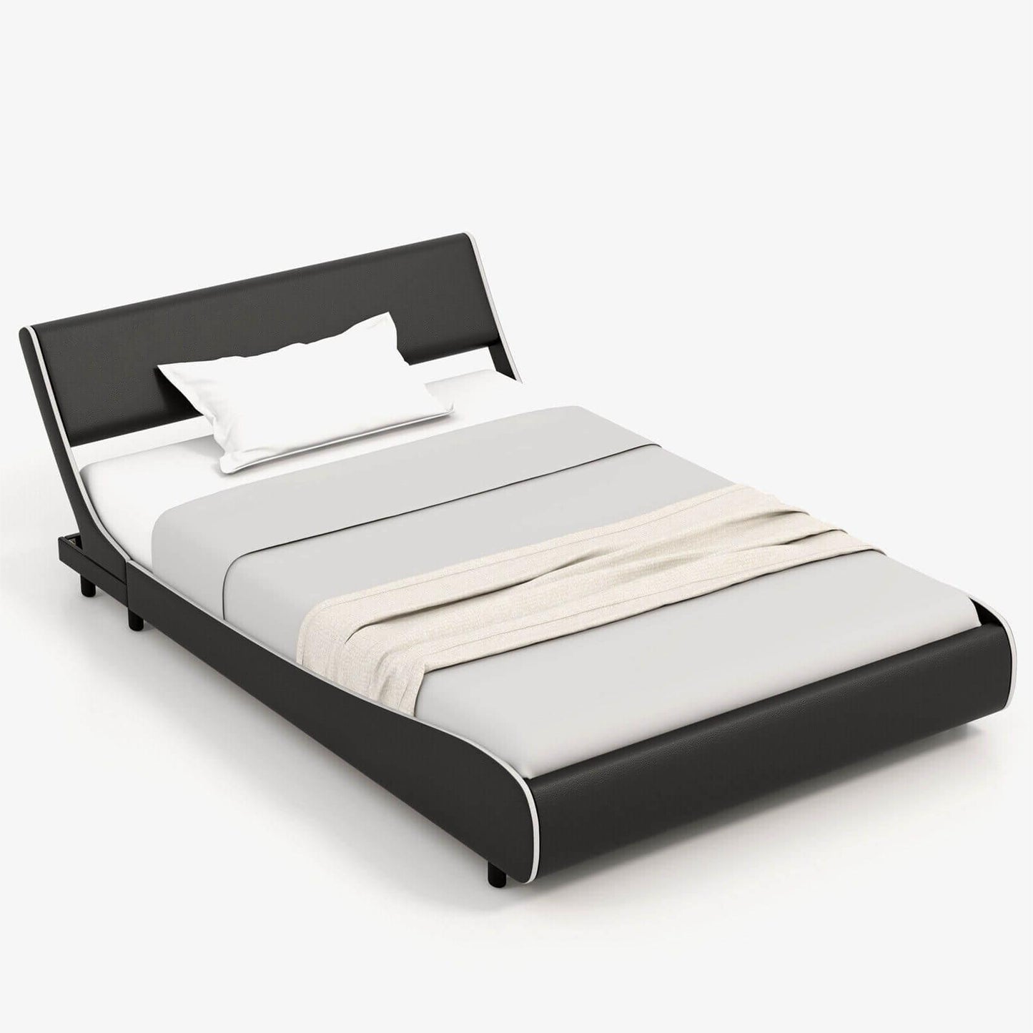 Upholstered Platform Bed Frame Low Profile Faux Leather with Curved Headboard-Full Size