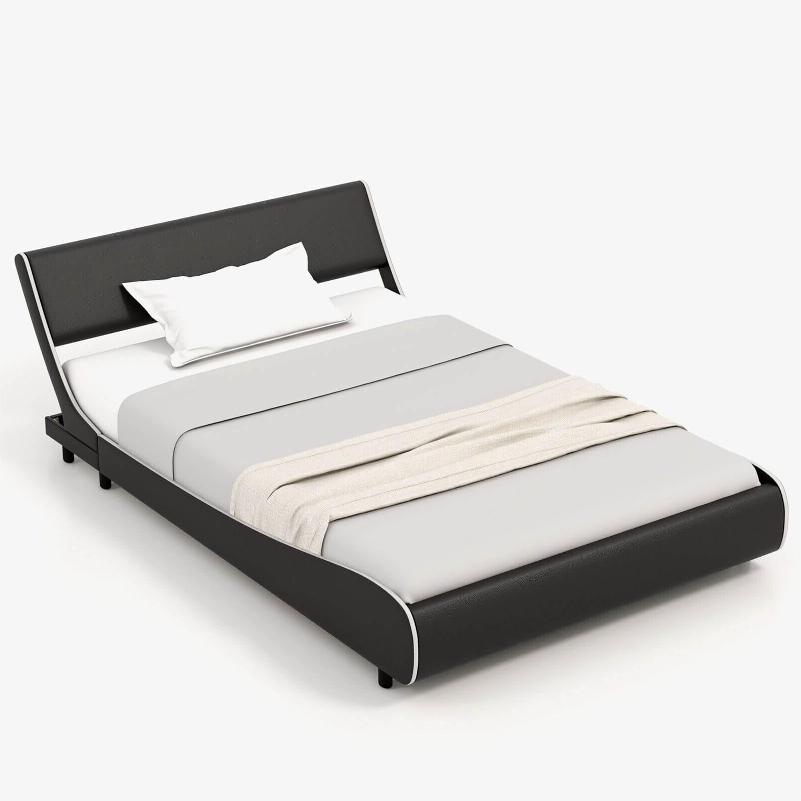 Upholstered Platform Bed Frame Low Profile Faux Leather with Curved Headboard-Full Size