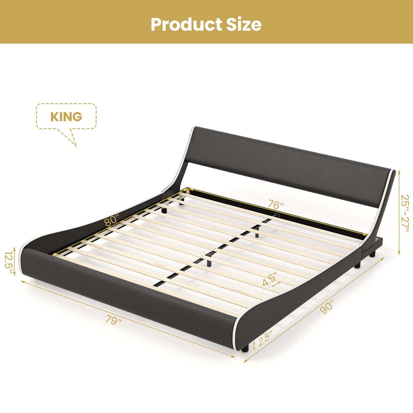 Upholstered Platform Bed Frame Low Profile Faux Leather with Curved Headboard-King Size