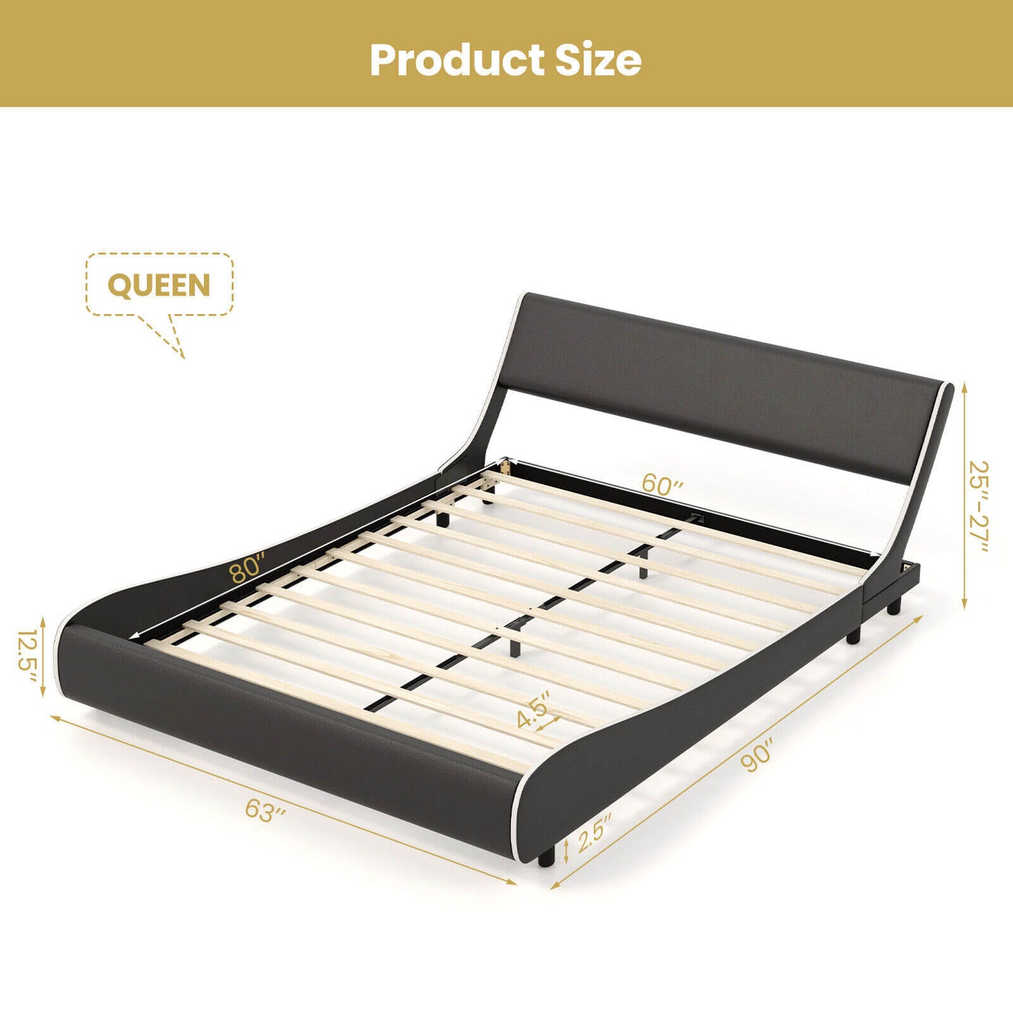 Upholstered Platform Bed Frame Low Profile Faux Leather with Curved Headboard-Queen Size