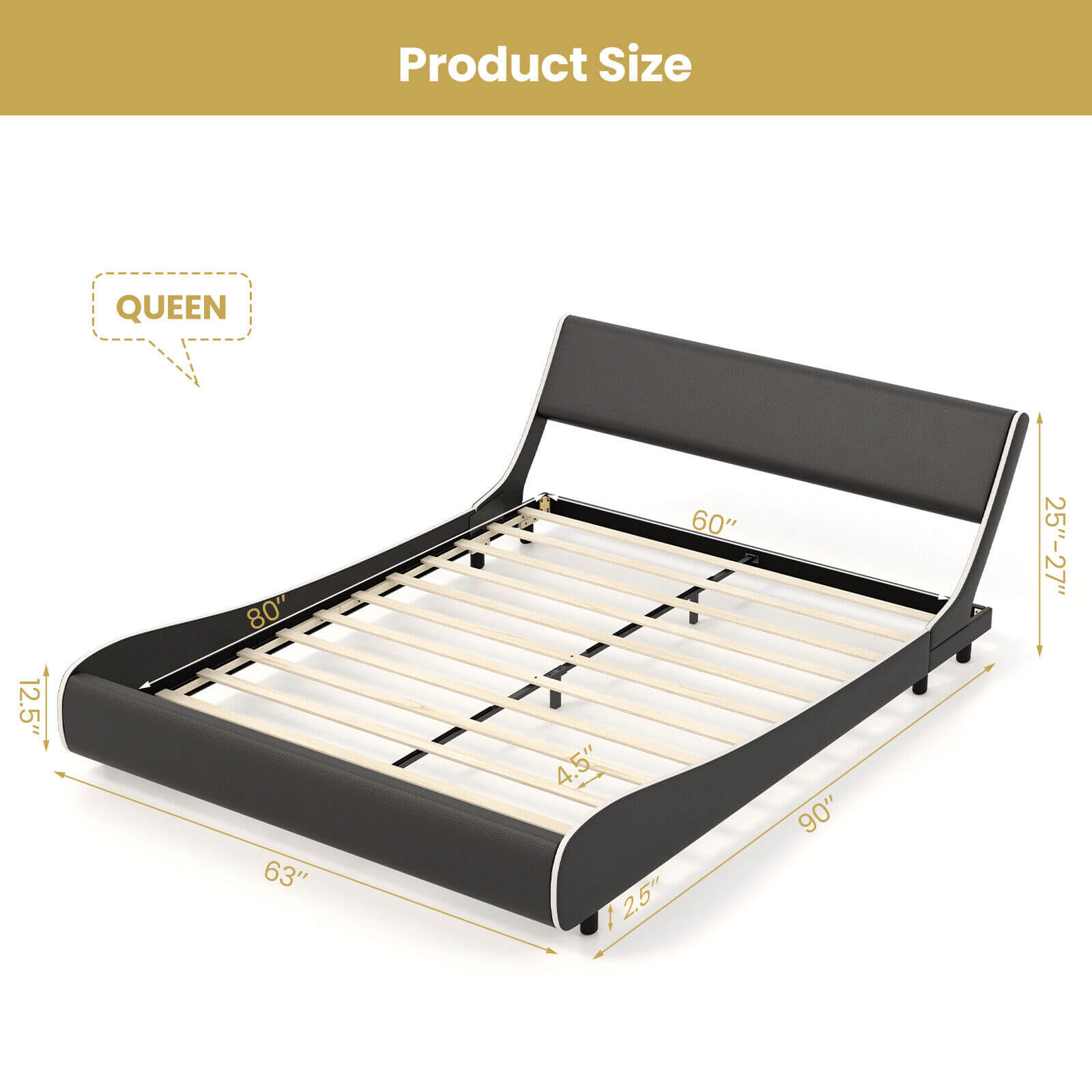 Upholstered Platform Bed Frame Low Profile Faux Leather with Curved Headboard-Queen Size